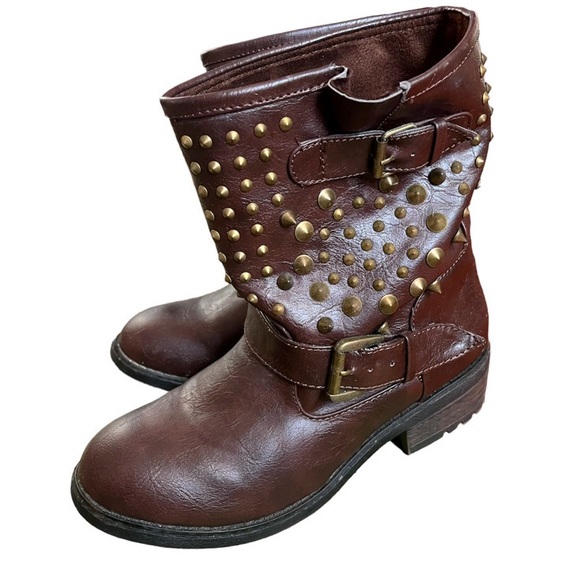 Brown Studded Ankle Biker Boots - Picture 3 of 6